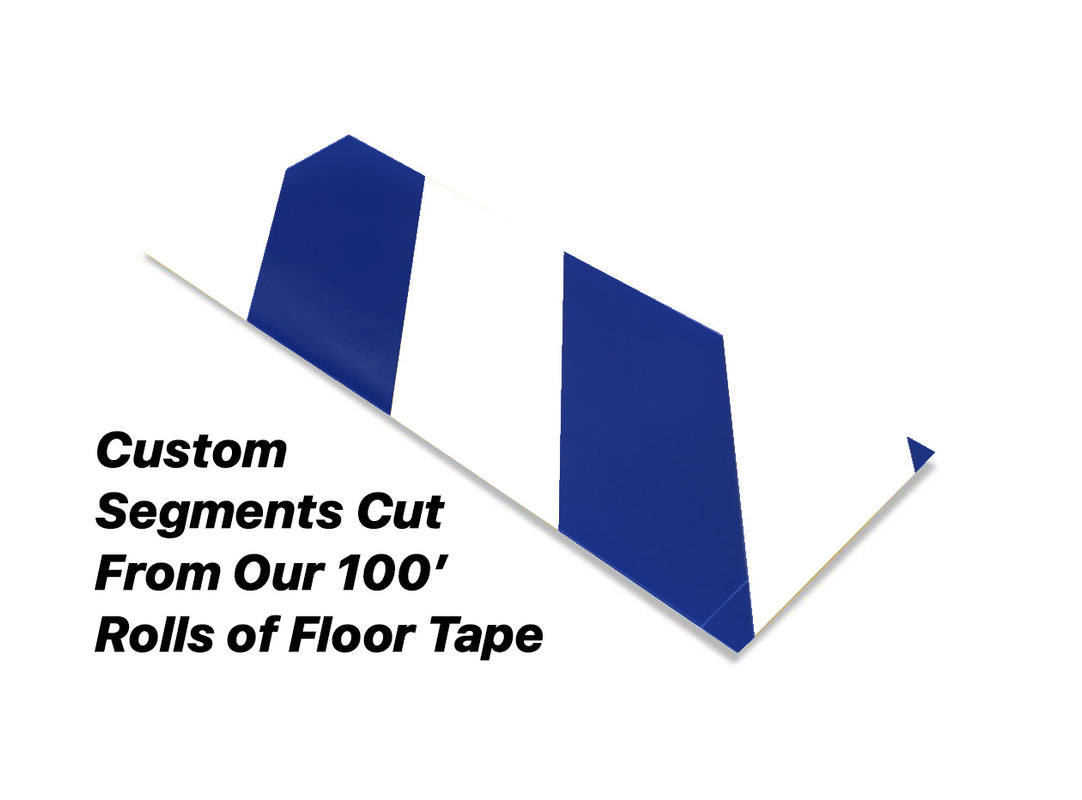 Custom Cut Segments - 4" White Tape with Blue Diagonals - 100'  Roll